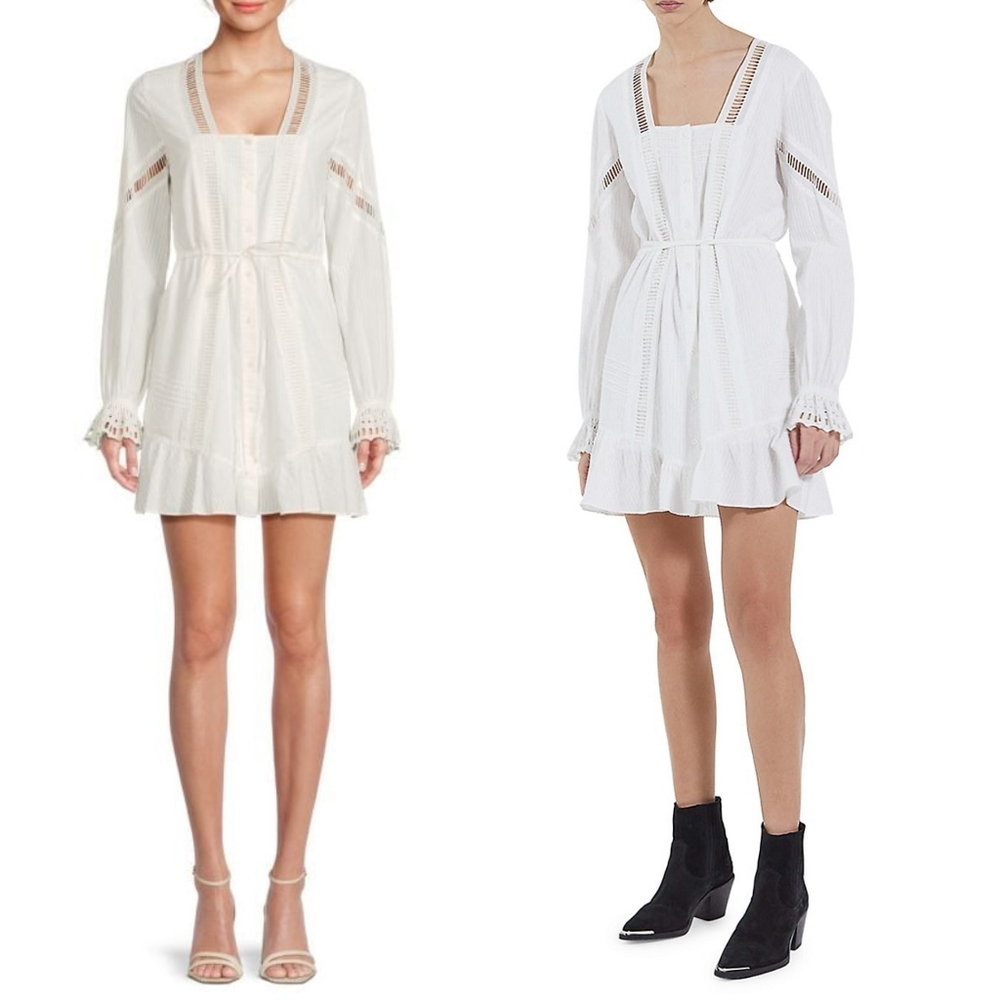 The Kooples Embroidered Lace Tie Waist Dobby Square-Neck Flounce Shirtdress Sz M